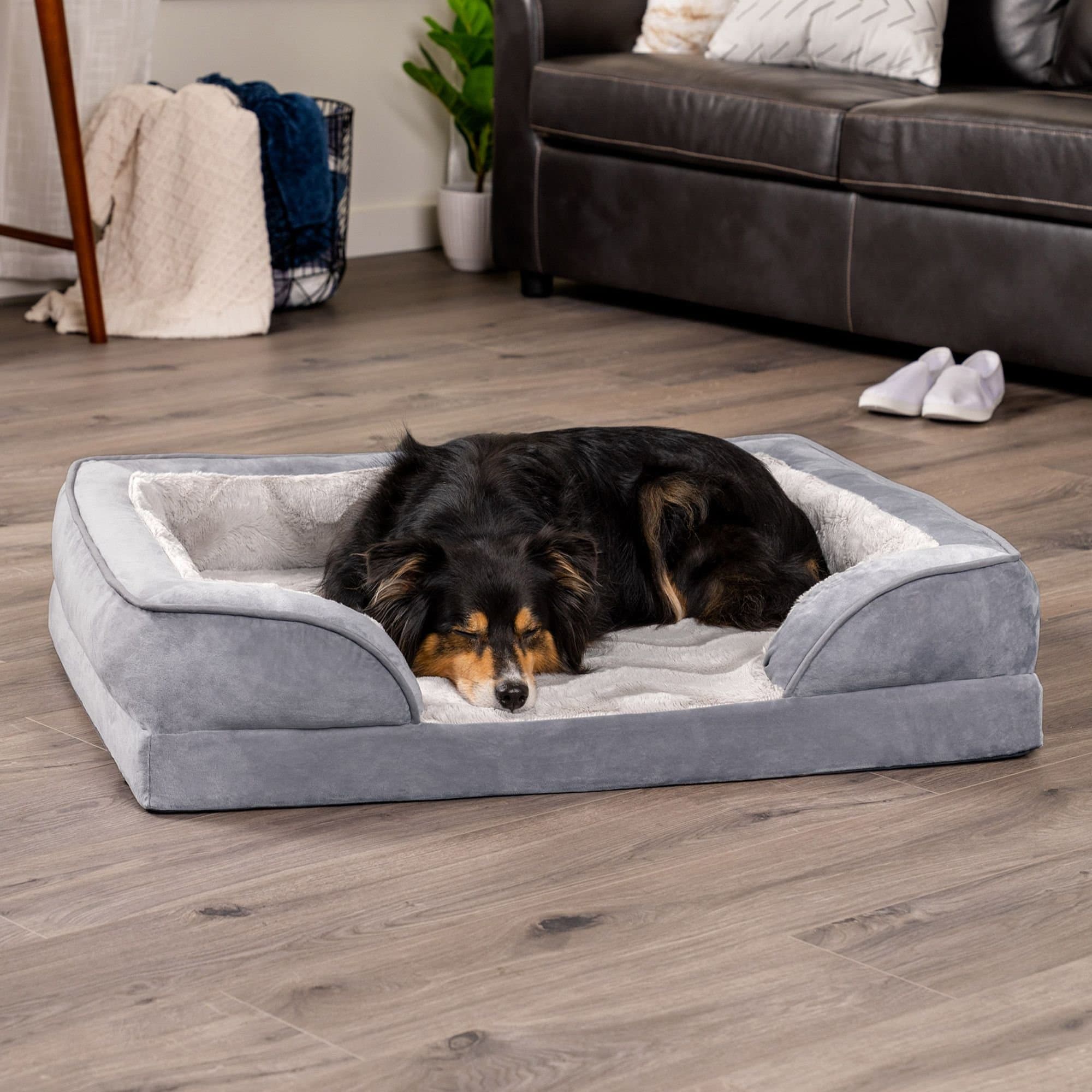 FurHaven Velvet Waves Perfect Comfort Orthopedic Sofa Cat & Dog Bed with Removable Cover, Granite Gray, Large