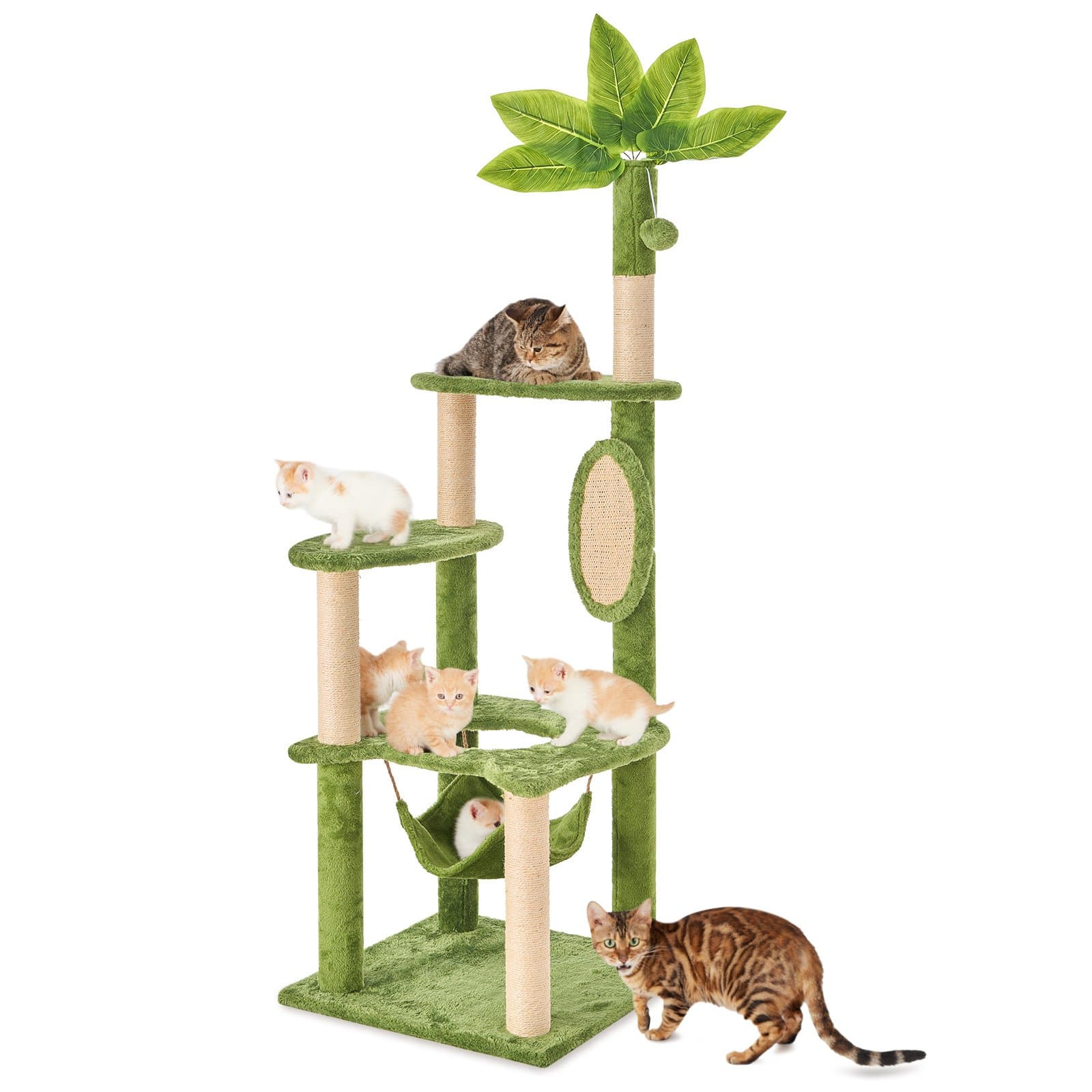 TSCOMON 55-in Plush Cat Tree with Hammock, Toy & Sisal Scratching Post, Green