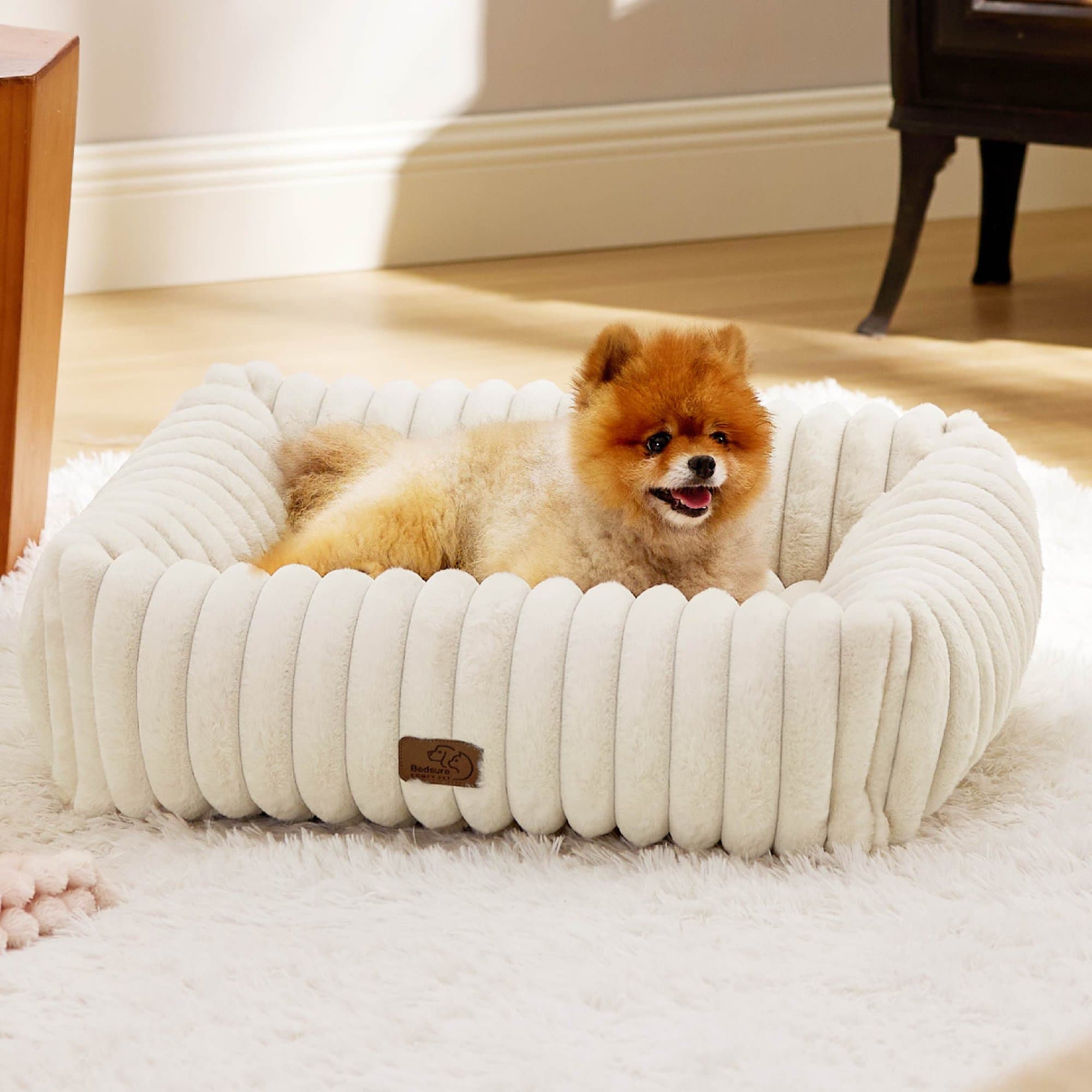 Bedsure ComfyFleece Orthopedic Bolster Dog Bed with Removable Cover, Cream, Medium