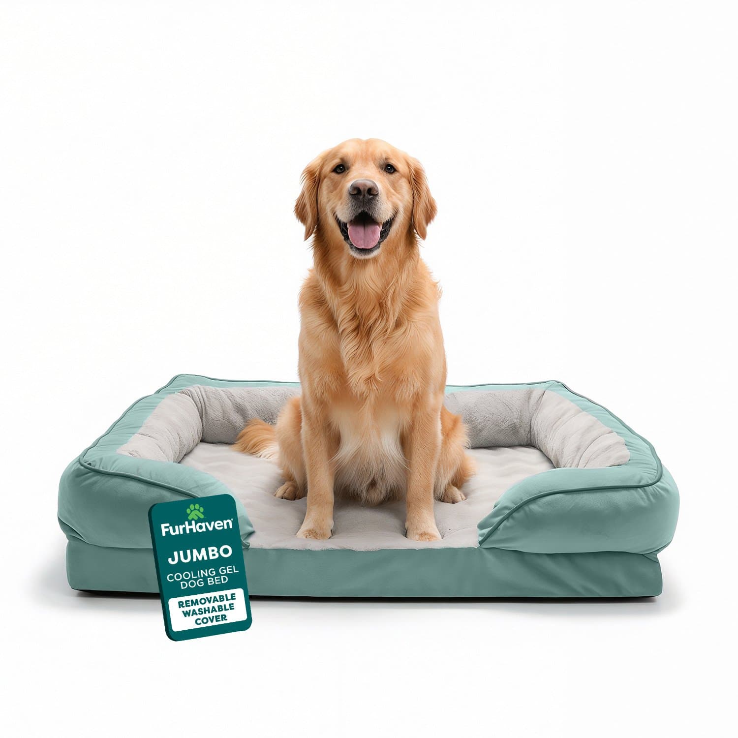 FurHaven Velvet Waves Perfect Comfort Cooling Gel Bolster Cat & Dog Bed with Removable Cover, Celadon Green, Jumbo